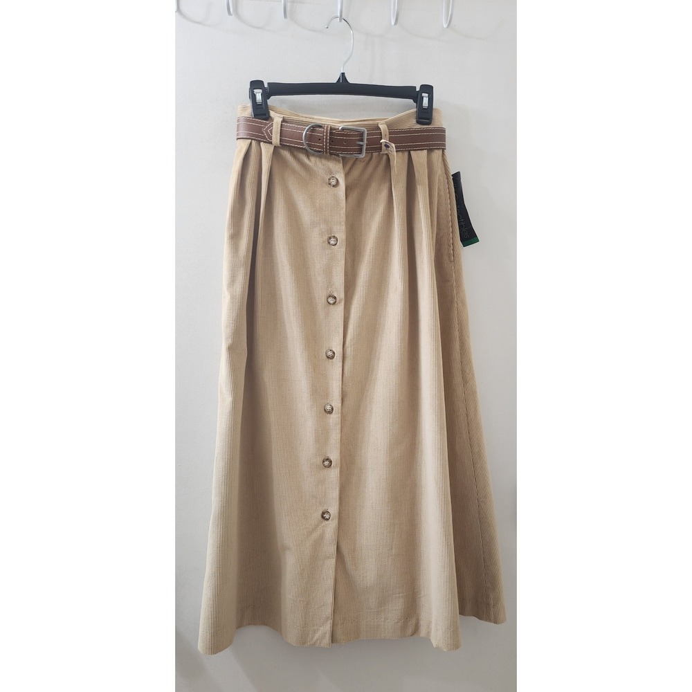 Vintage Tan Corduroy Maxi Skirt Button Front Cotton Belted Beige A-Line Size 12